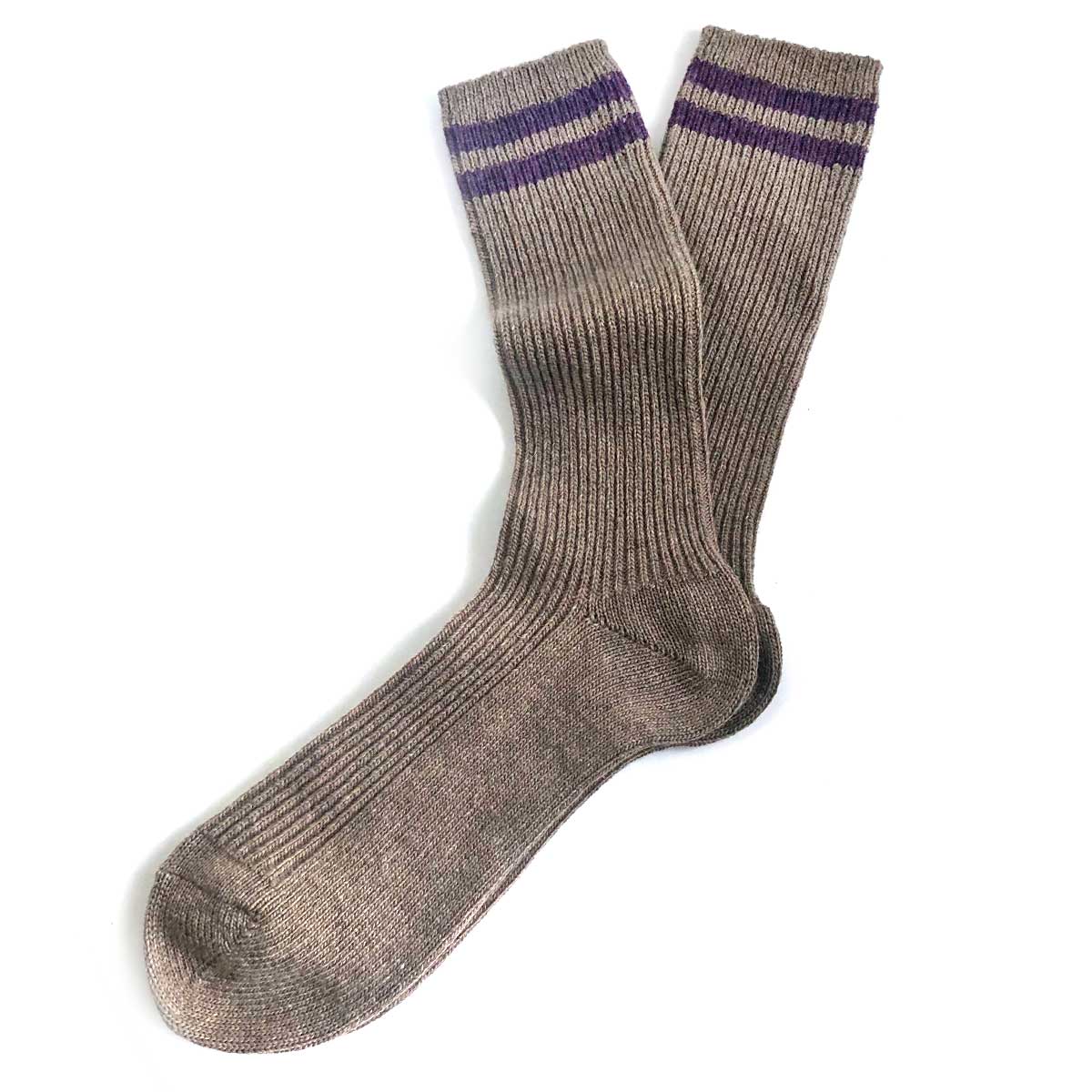 Old school retro tennis men's socks • beige with purple stripes • wool/cashmere