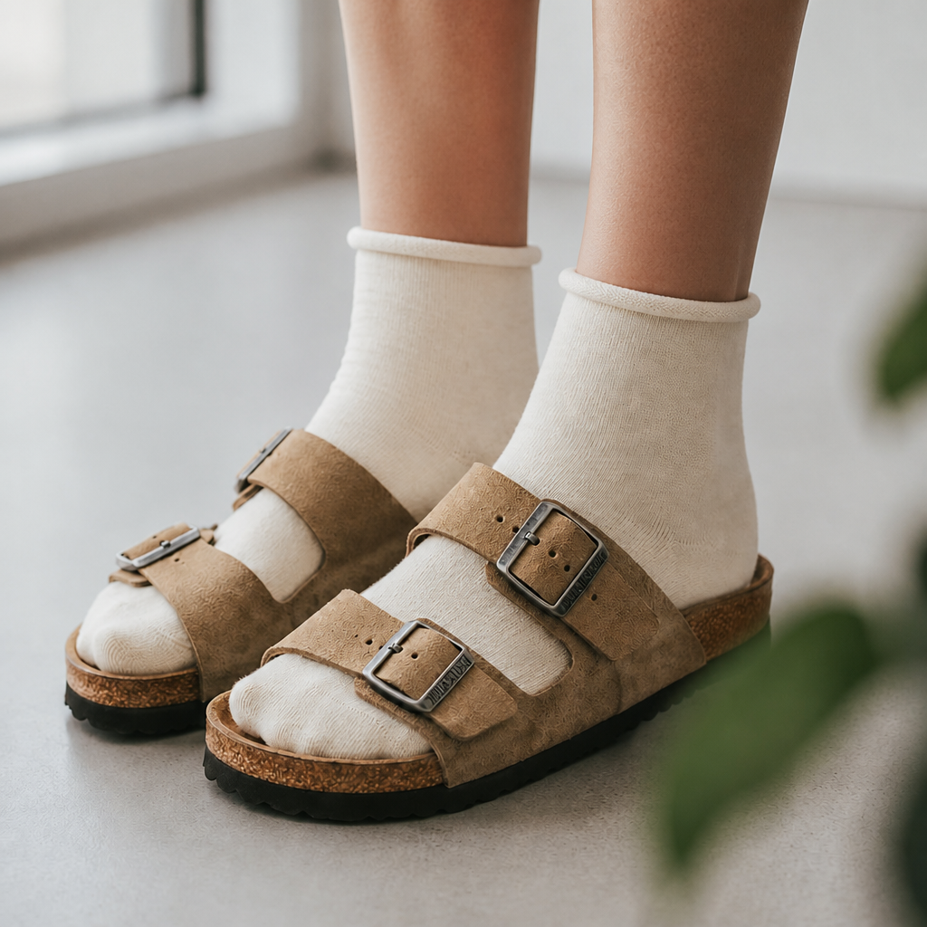 Roll top sokker off-white i Birkenstock sandaler