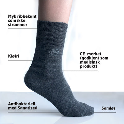Diabetessokker i ull - sokker som ikke strammer - strompe uten strikk
